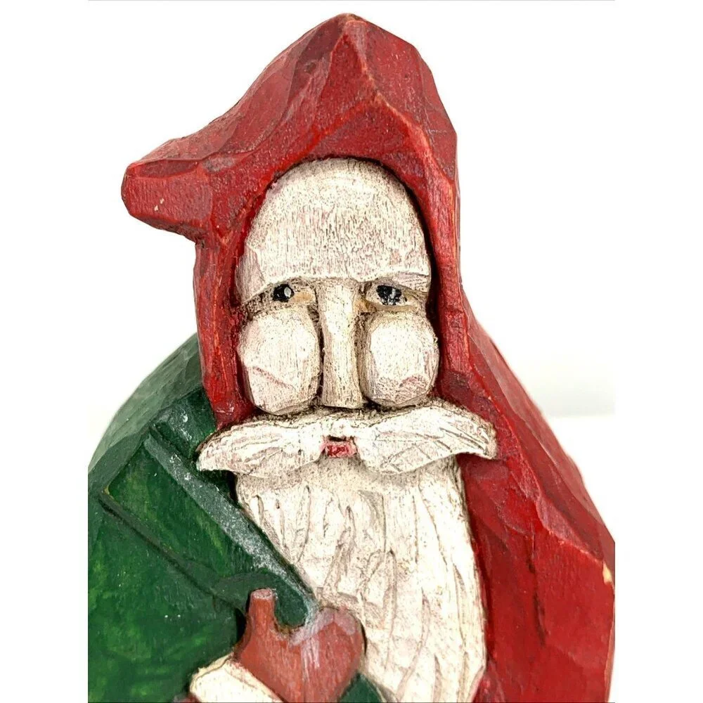 Santa Folk Art Wood Hand Carved Painted Signed 1991 Vintage 7